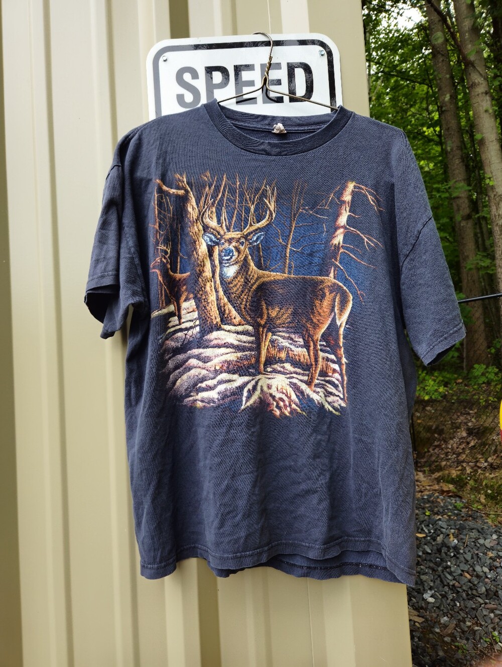 Delta Buck Antler Big Deer Graphic T Shirt Size L Woods Background Vintage